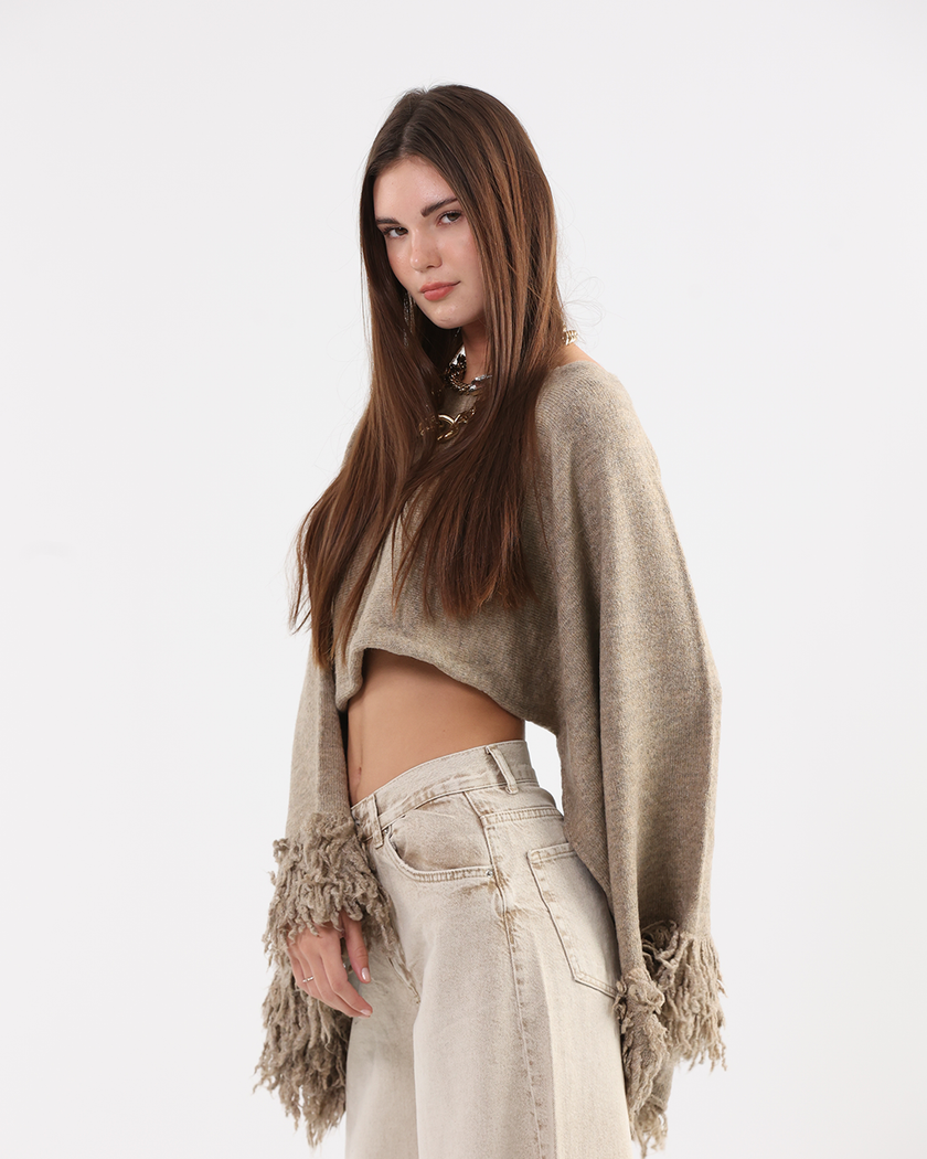 Greige Fringe Sleeve Pullover