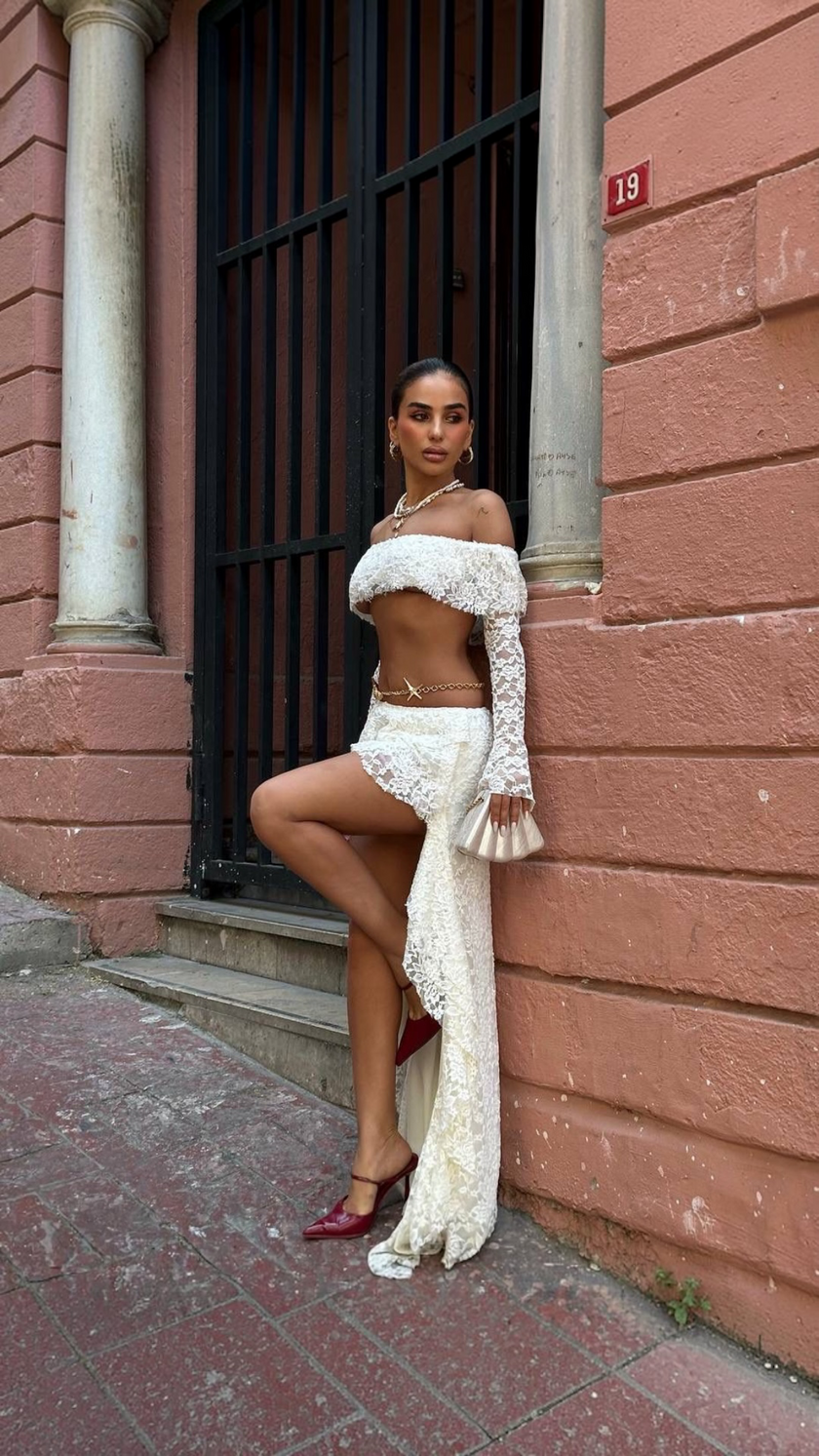 Two Piece Set In Cream - CropTop & Ruffle Skirt