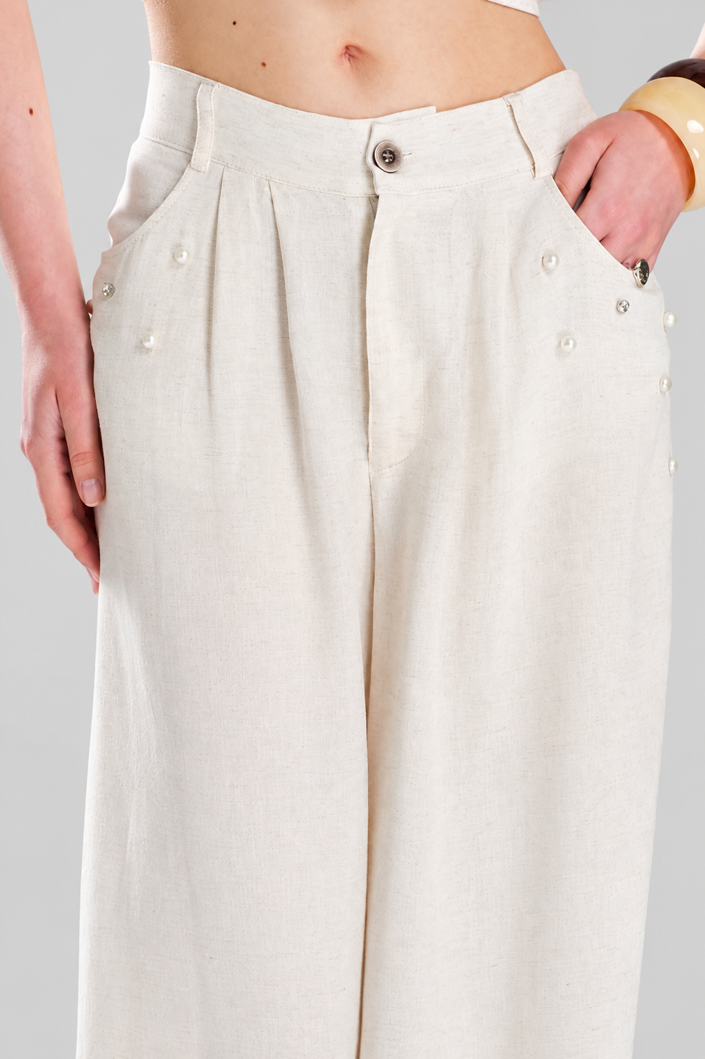 Linen Wide-Leg Trousers with Pearl and Stone Detail