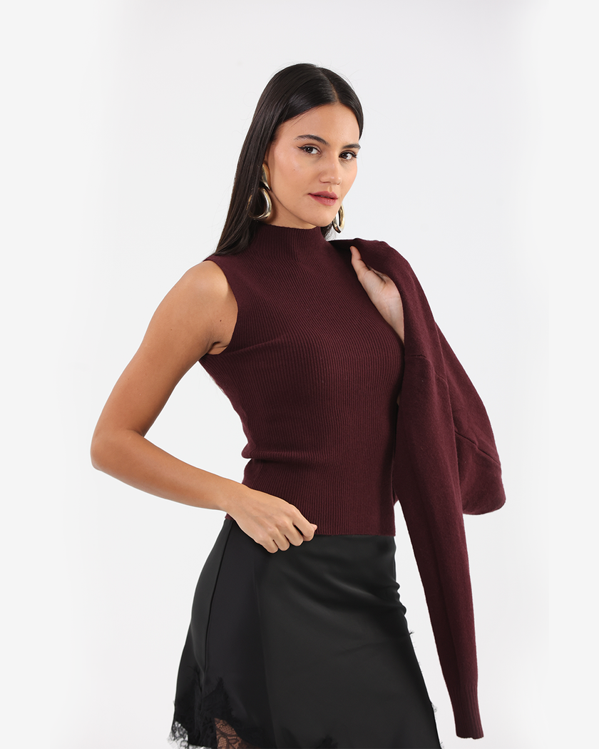 Burgundy Bow Layered Two-Piece Knit Pullover