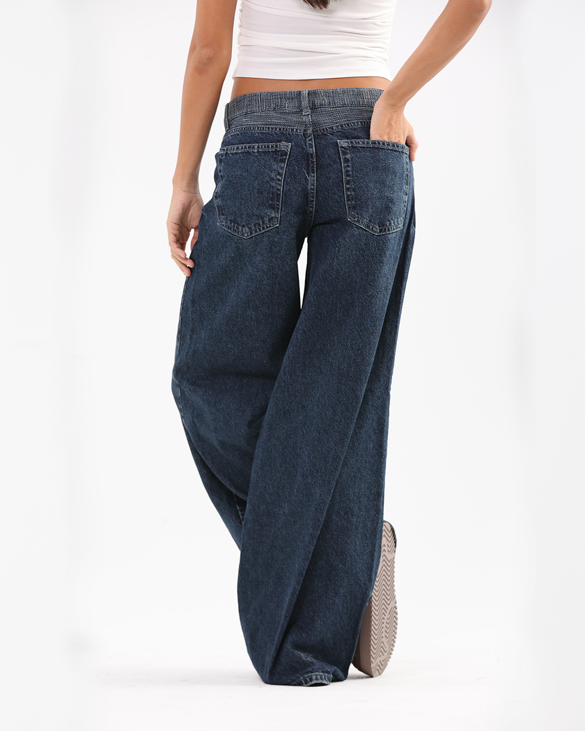 Wide-Leg Blue Denim Jeans with Tweed Waistband Detail