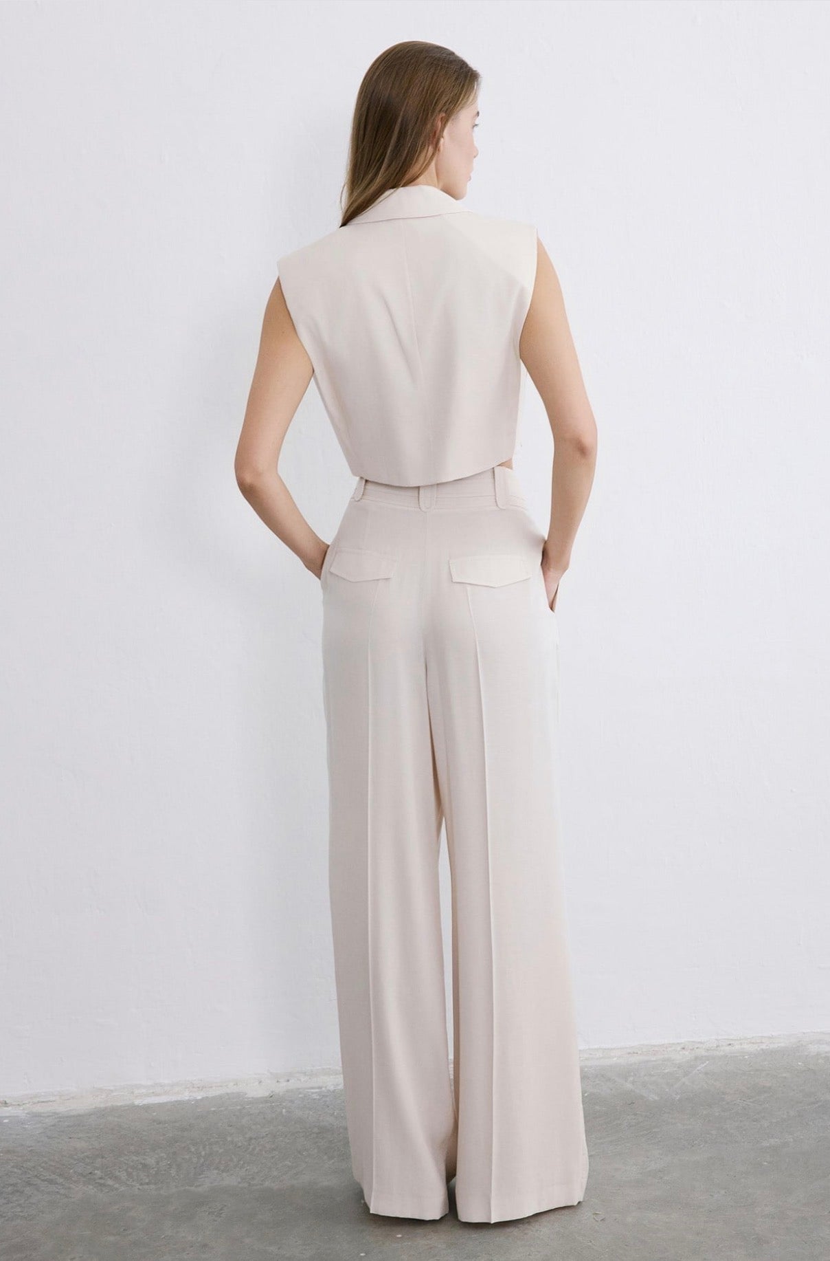 High Waist Wide Leg Pleated Ecru Trousers