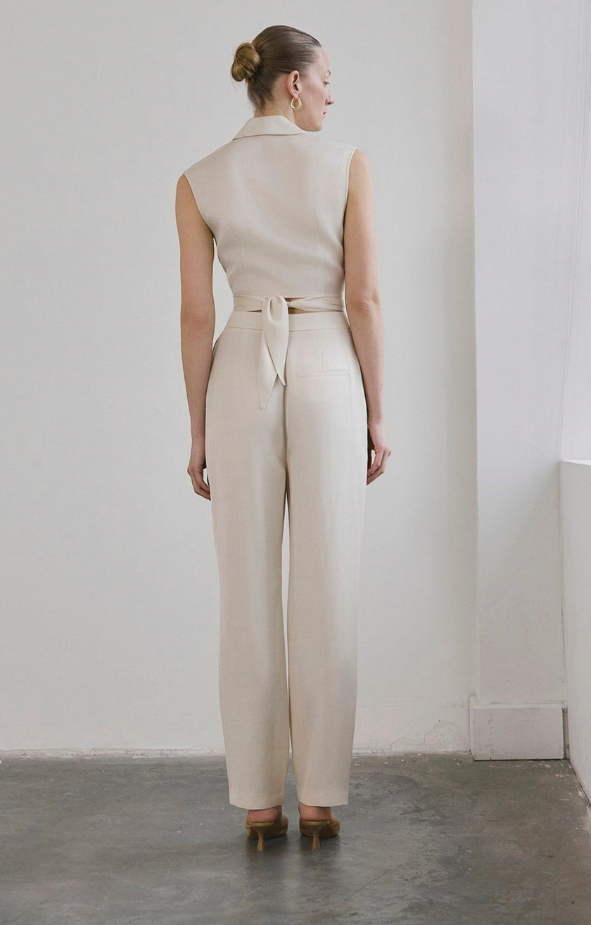 Front Pleated Linen Blend Ecru Trousers