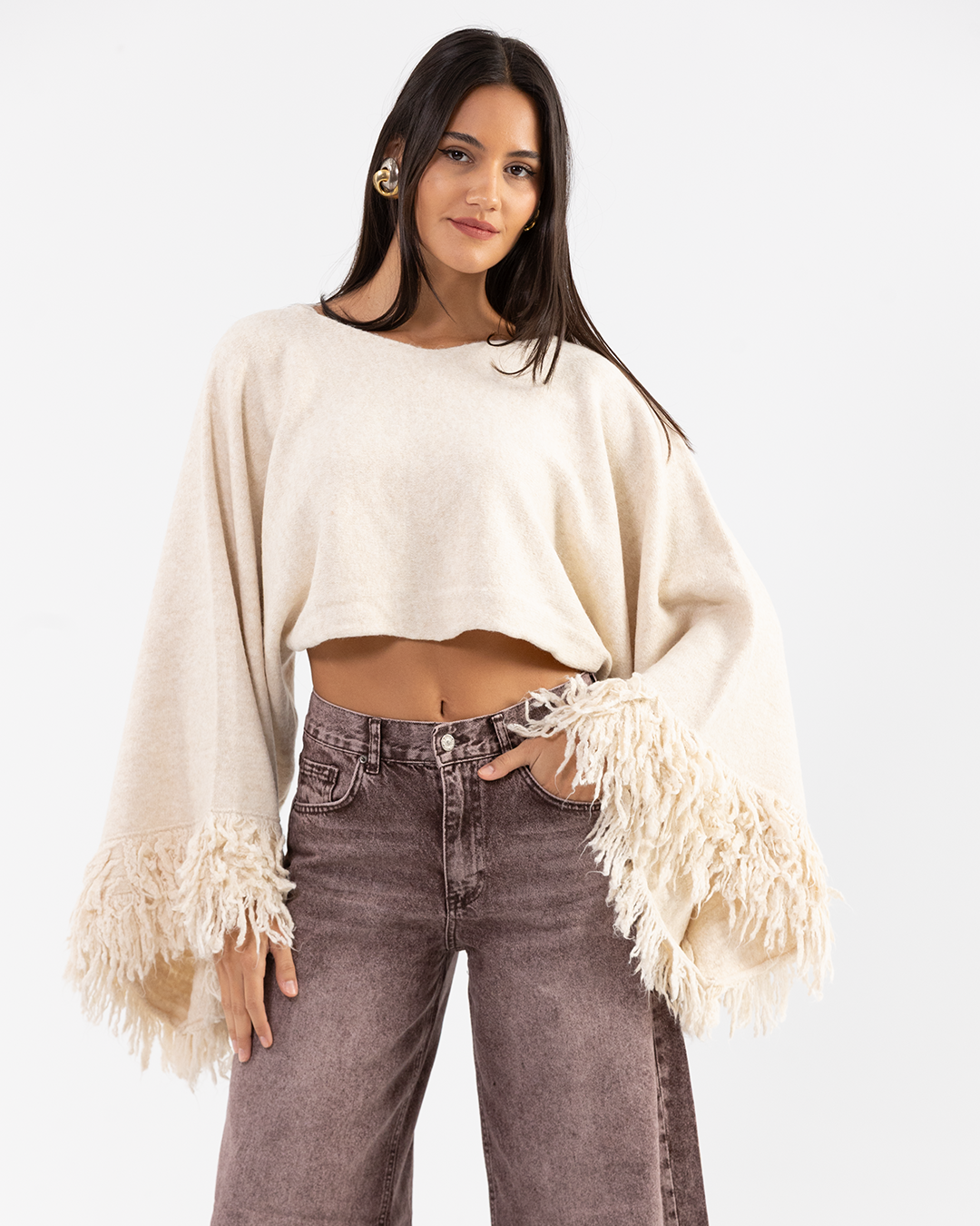 Crème Fringe Sleeve Pullover