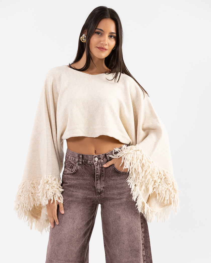Crème Fringe Sleeve Pullover