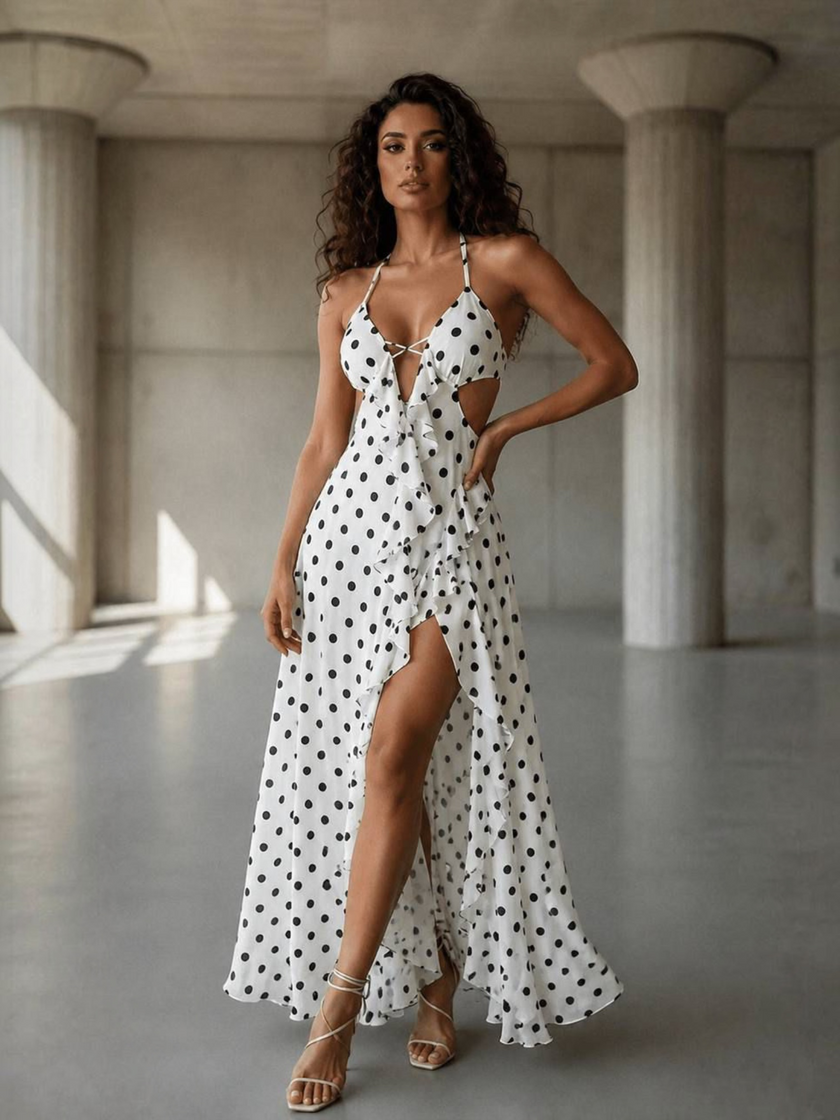 White And Black Polka Dot Maxi Dress