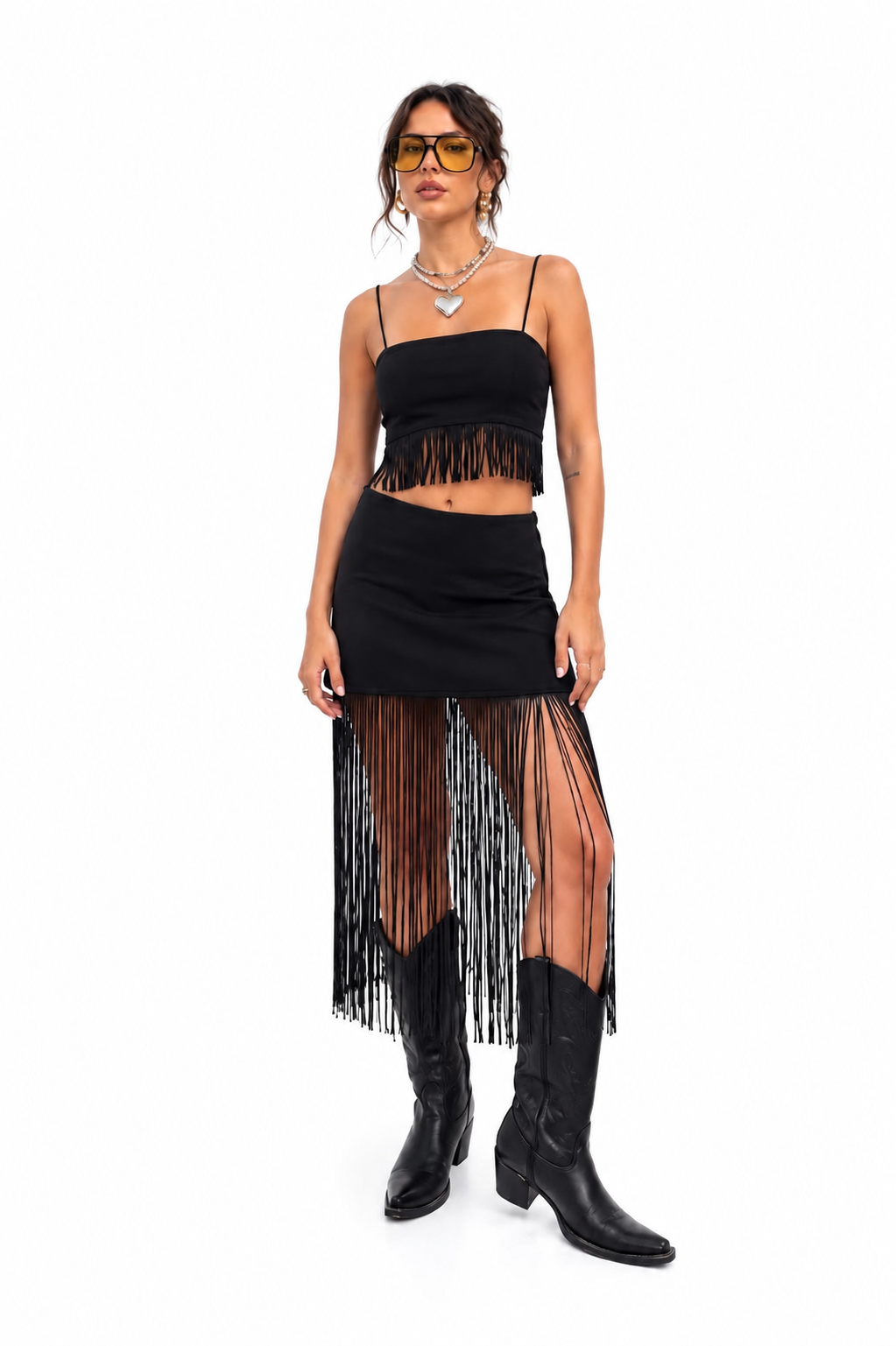Black Tassel Detail Strappy Crop Top