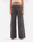 Wide-Leg Brown Floral Flocked Jacquard Pattern