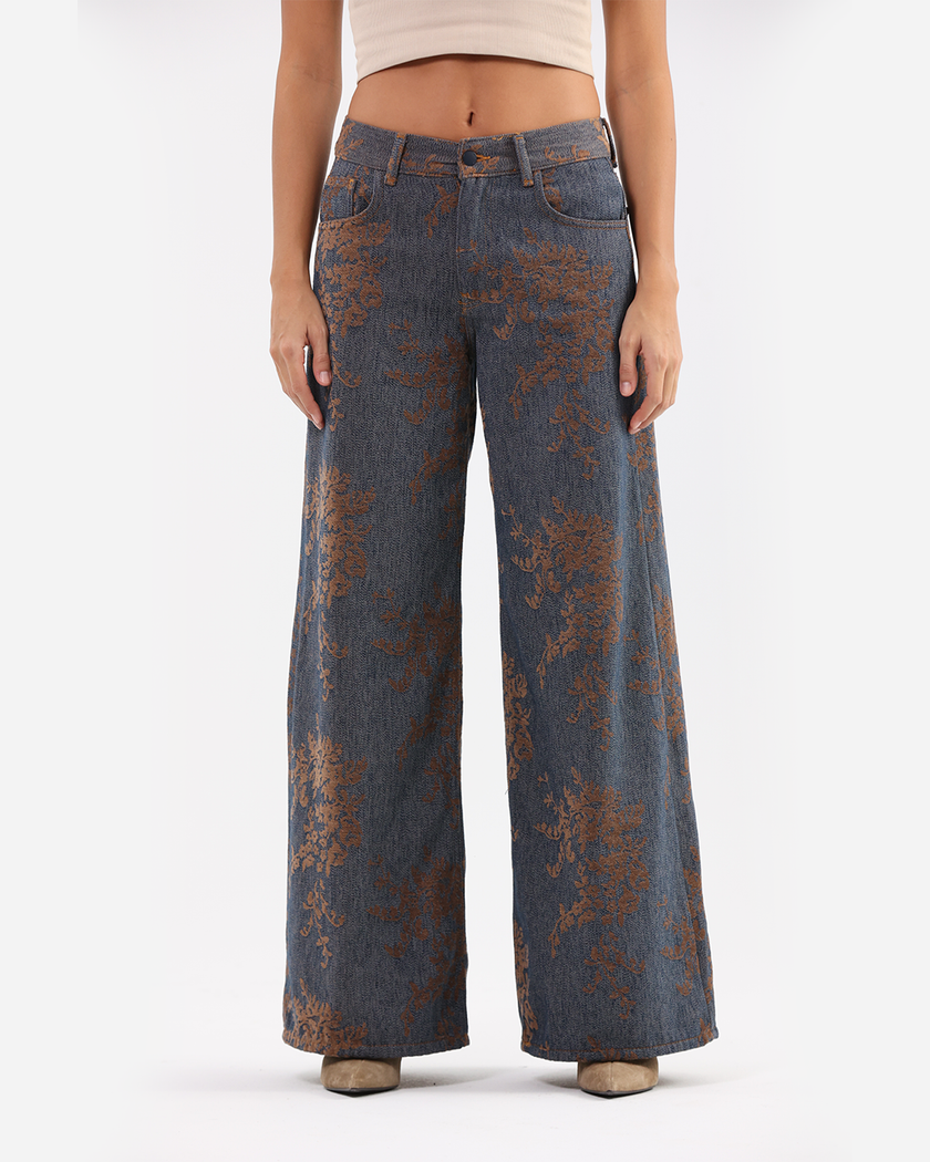 Wide-Leg Brown Floral Flocked Jacquard Pattern