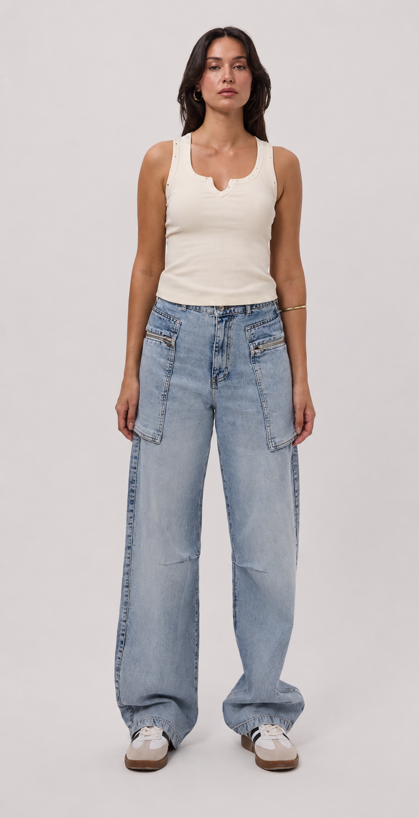 Creme Ribbed Top with Metal Button Detail