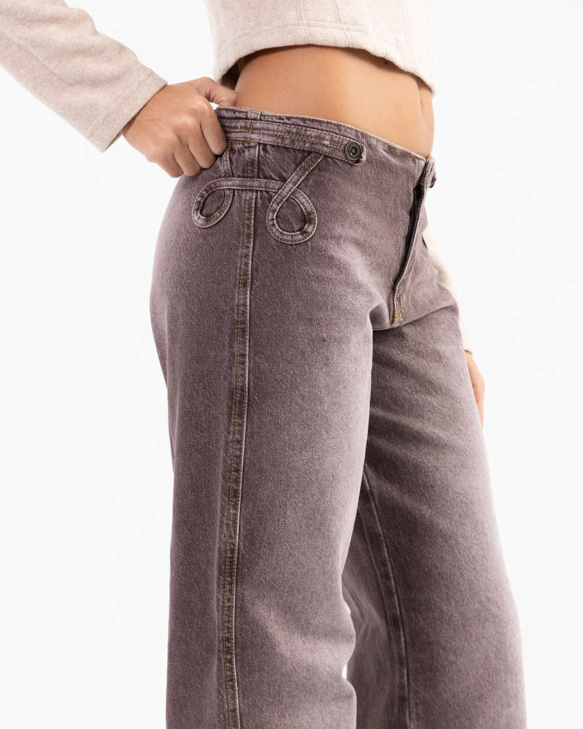 Brown Washed Low-Waist Jeans with Unique Belt-loop Detail at the Waist