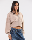 Beige Cropped Corset Style Zip-up Hoodie