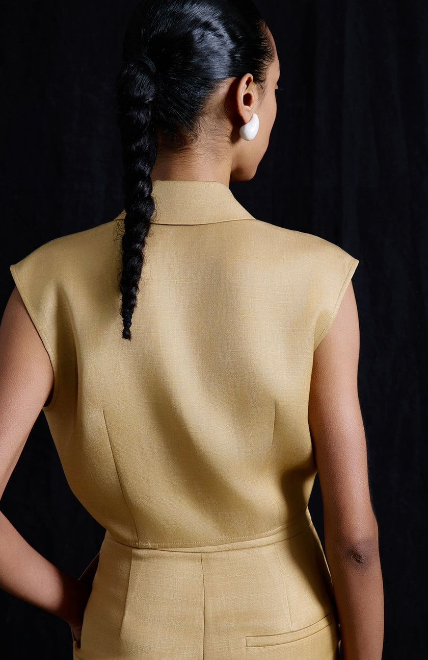 Tie Front Linen Blend Camel Vest