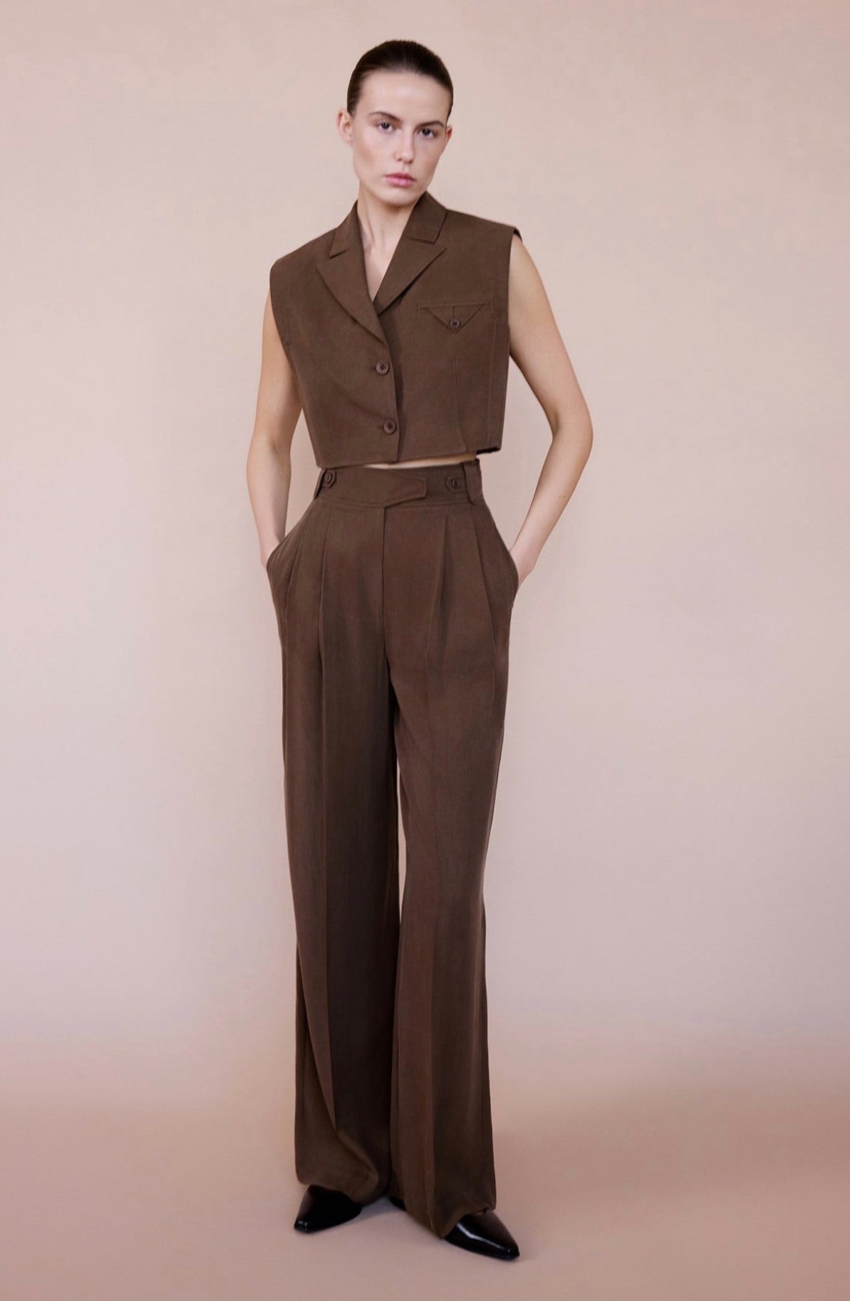 High Waist Wide Leg Pleated Brown Trousers
