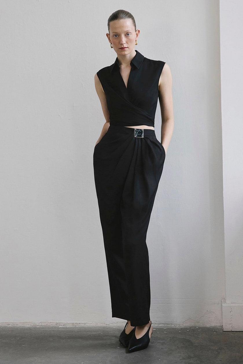 Front Pleated Linen Blend Black Trousers