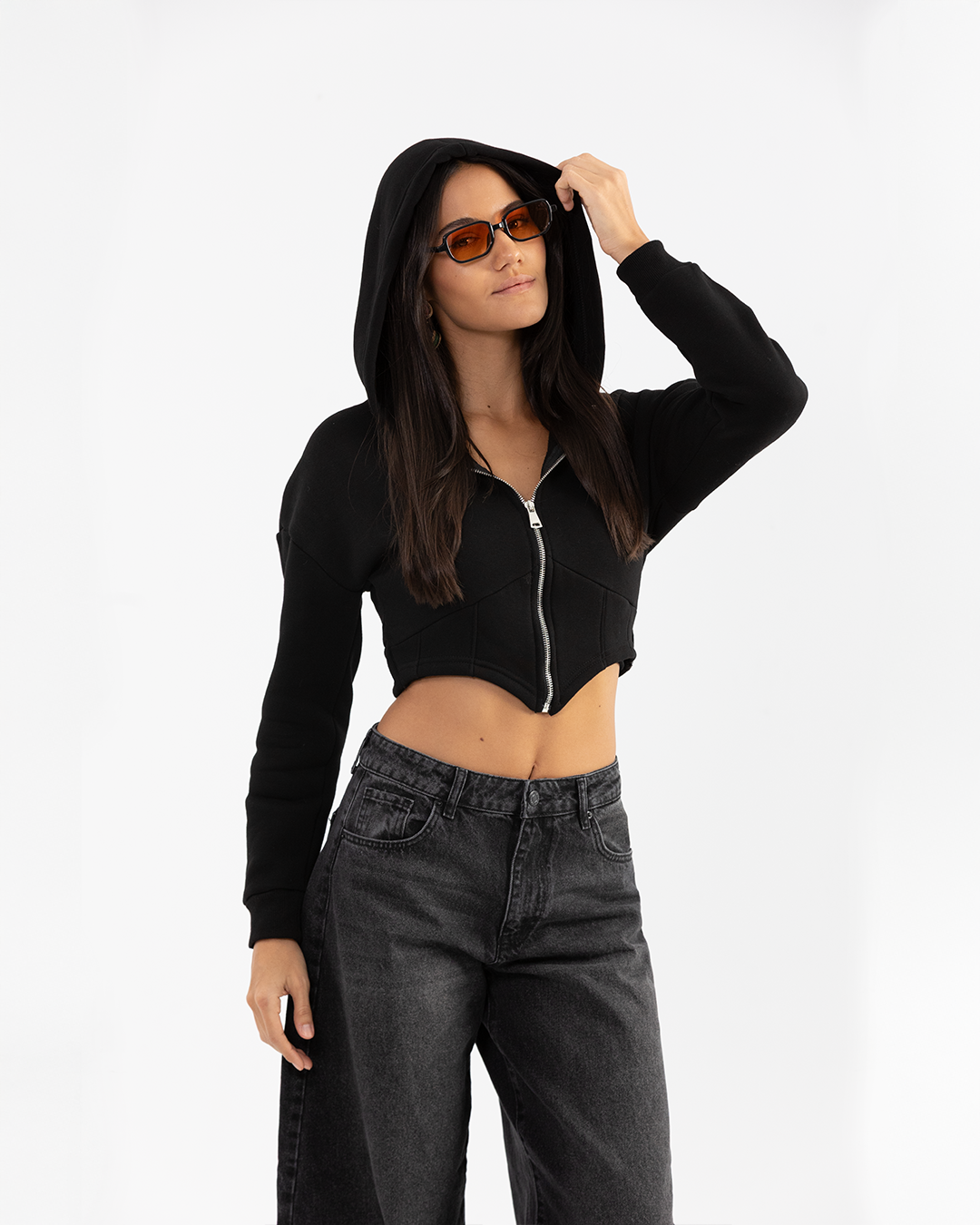 Cropped Black Corset Style Zip-up Hoodie