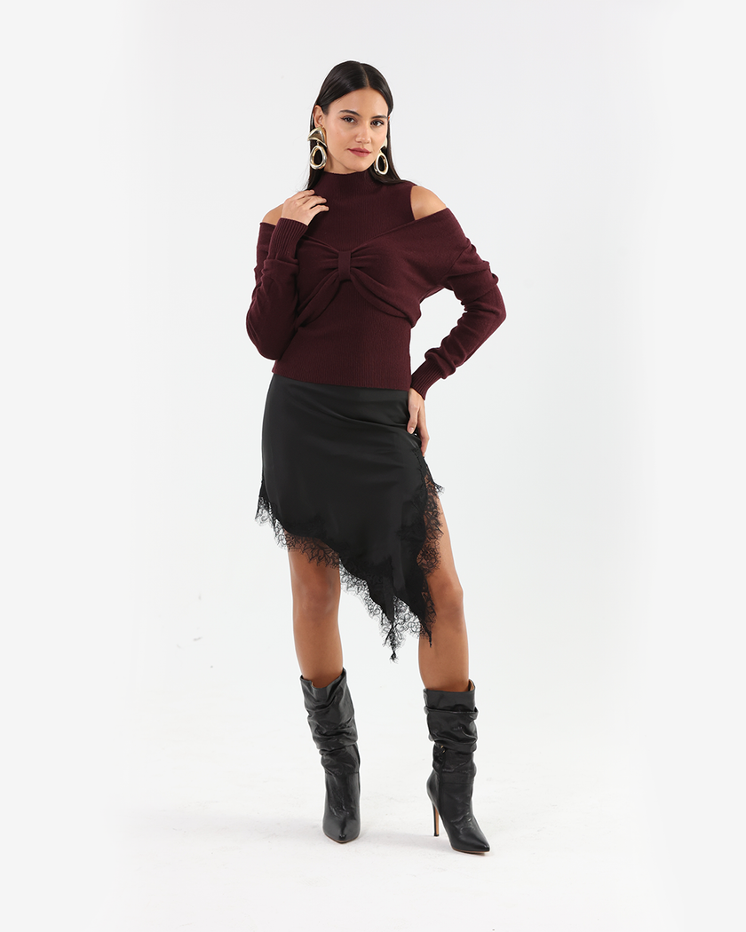Black Asymmetric Lace Satin Skirt