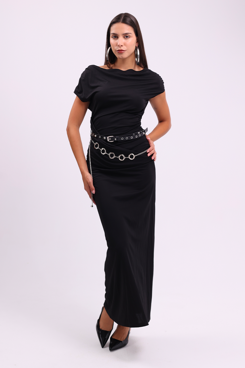 Black Off-Shoulder Draped Dress with Belts