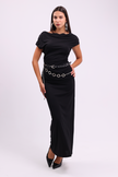 Black Off-Shoulder Draped Dress with Belts