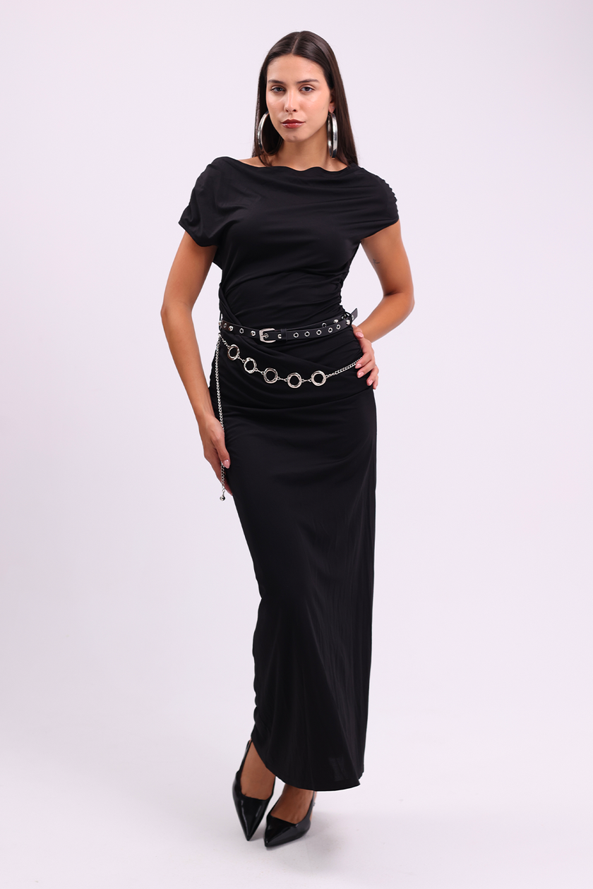 Black Off-Shoulder Draped Dress with Belts