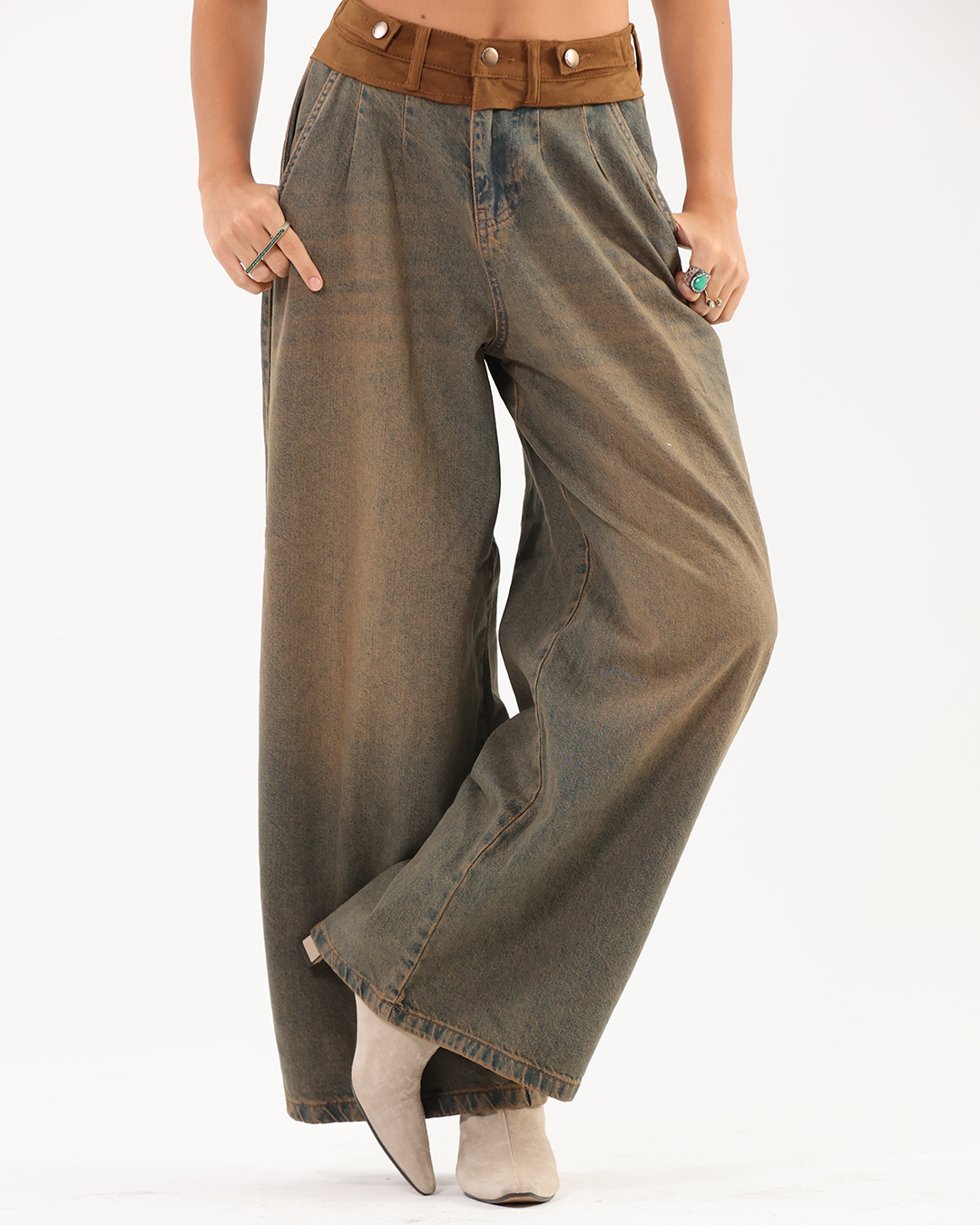 Vintage-Wash Brown Denim Pants with Brown Waistband