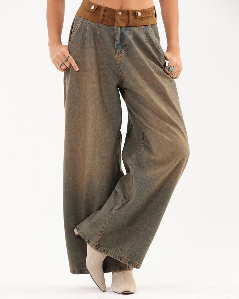 Vintage-Wash Brown Denim Pants with Brown Waistband