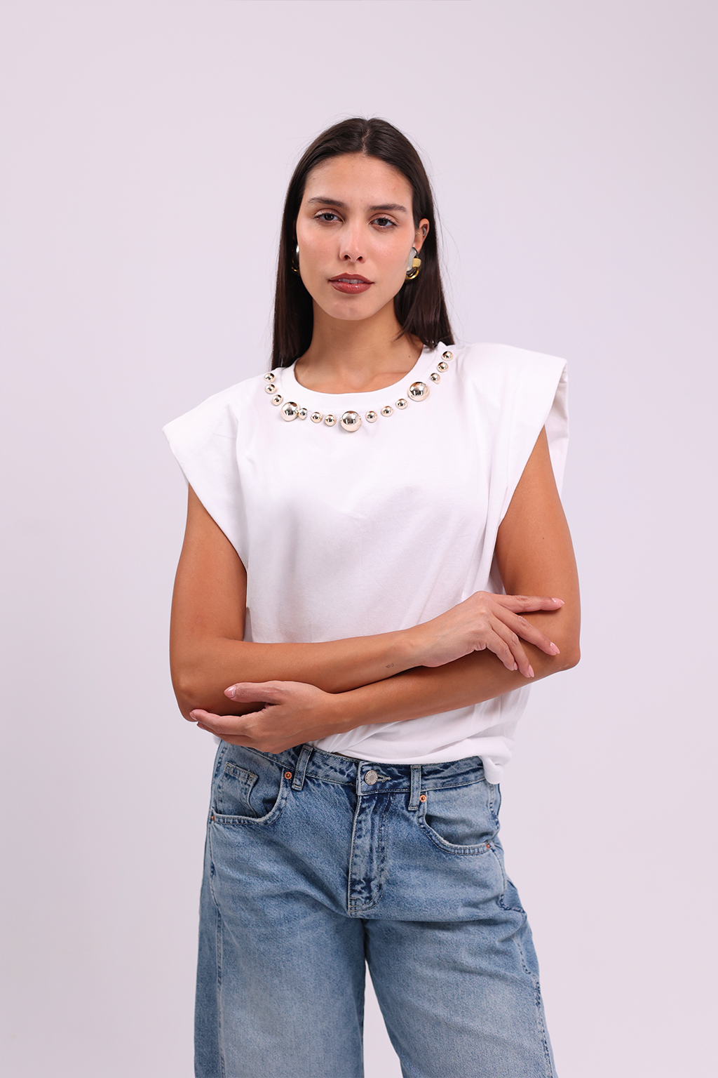 Muscle Tee with Gold Beaded Necklas