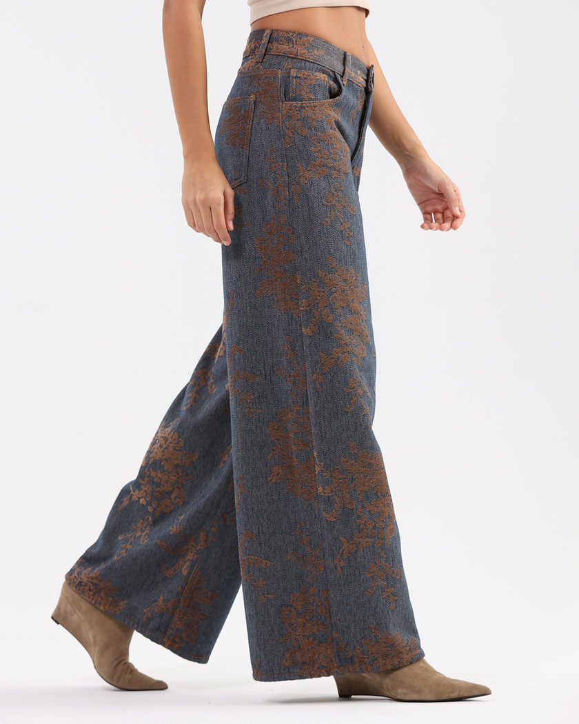 Wide-Leg Brown Floral Flocked Jacquard Pattern
