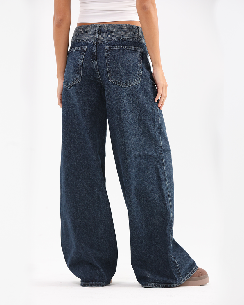 Wide-Leg Blue Denim Jeans with Tweed Waistband Detail