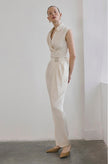 Front Pleated Linen Blend Ecru Trousers