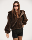 Brown Hooded Faux-Fur Jacket with Zip-Up Front