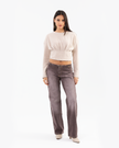 Brown Washed Low-Waist Jeans with Unique Belt-loop Detail at the Waist