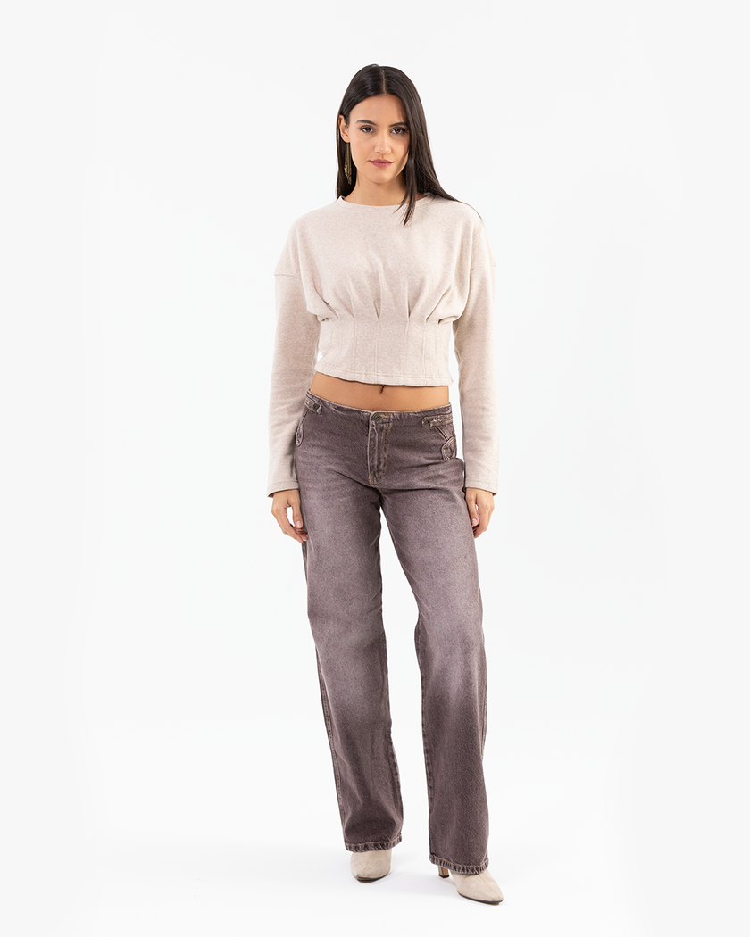 Brown Washed Low-Waist Jeans with Unique Belt-loop Detail at the Waist