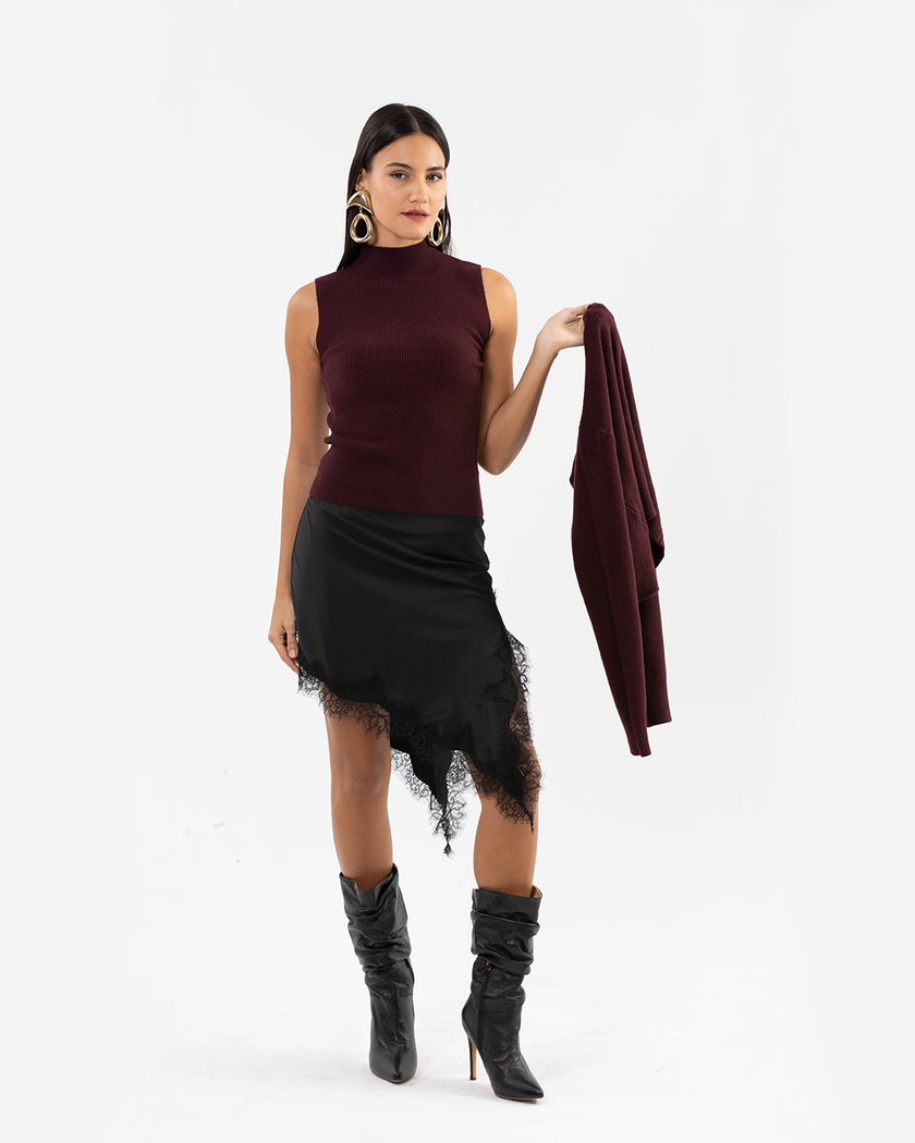 Burgundy Bow Layered Two-Piece Knit Pullover
