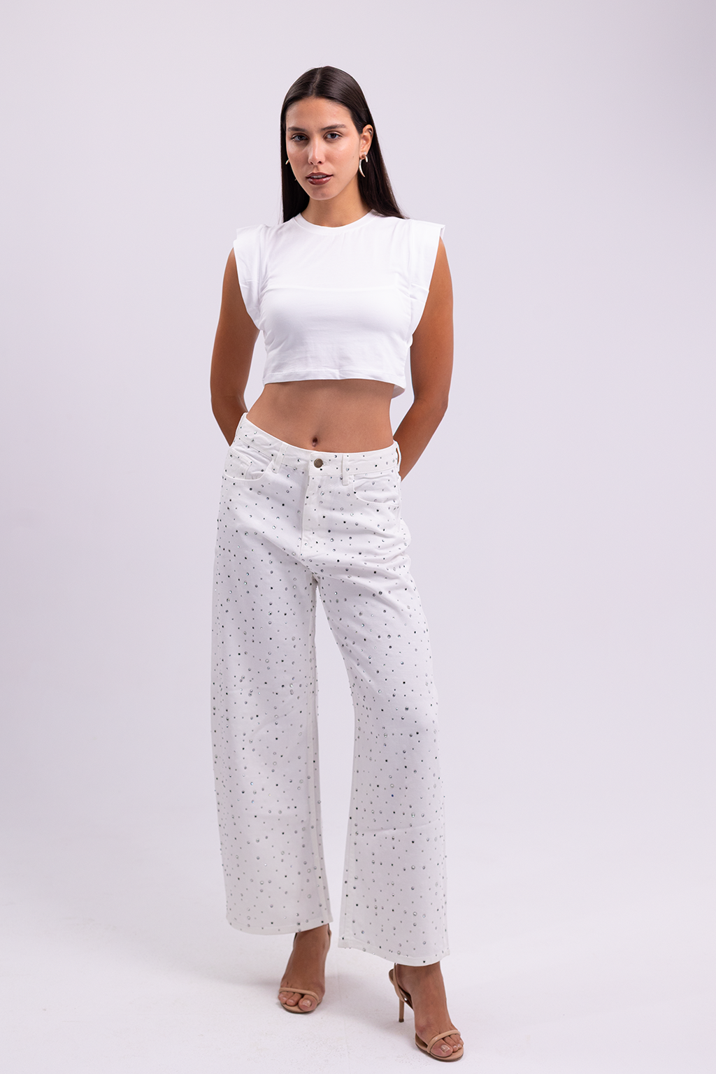Embellished White Straight Jeans