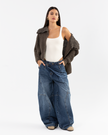 Wide-Leg Blue Denim Jeans with Asymmetric Waistband
