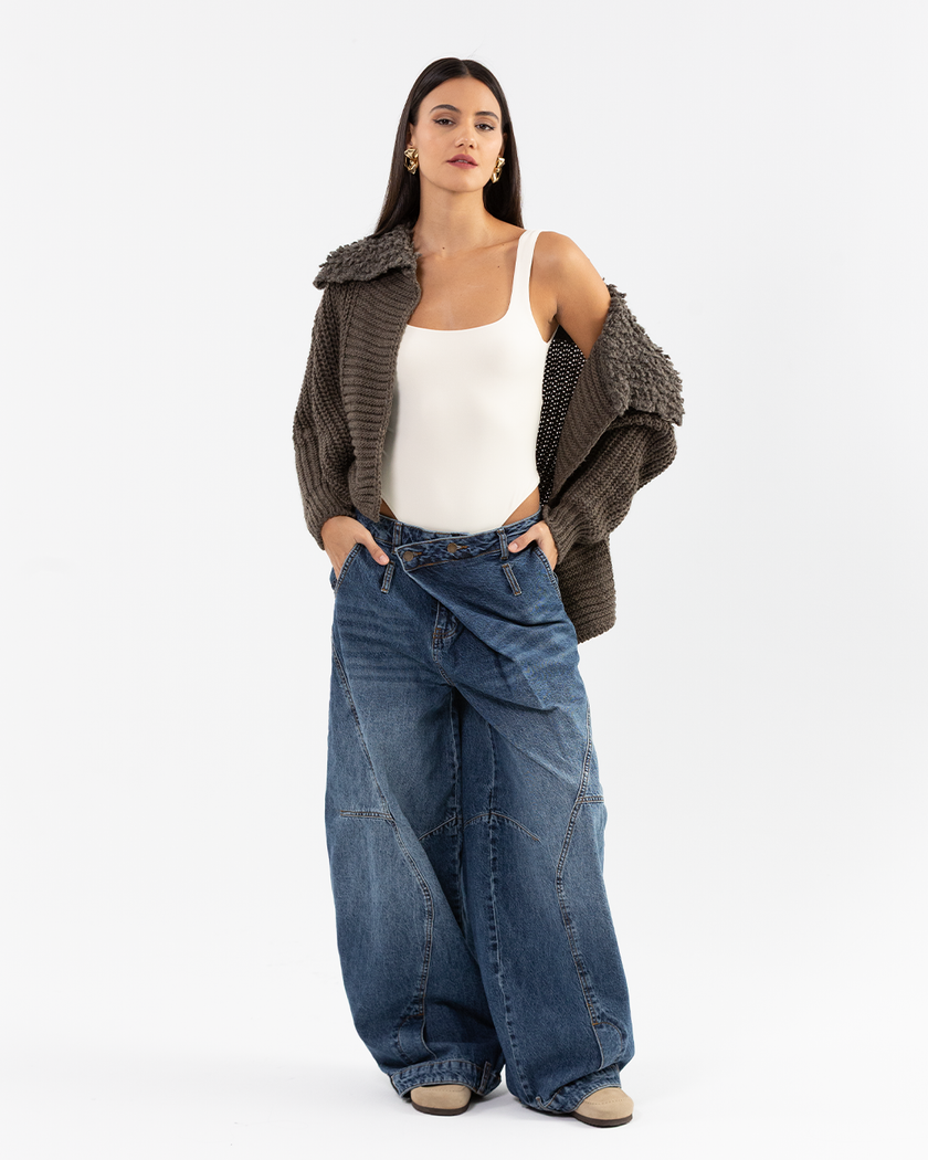Wide-Leg Blue Denim Jeans with Asymmetric Waistband