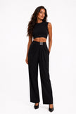 Front Pleated Linen Blend Black Trousers