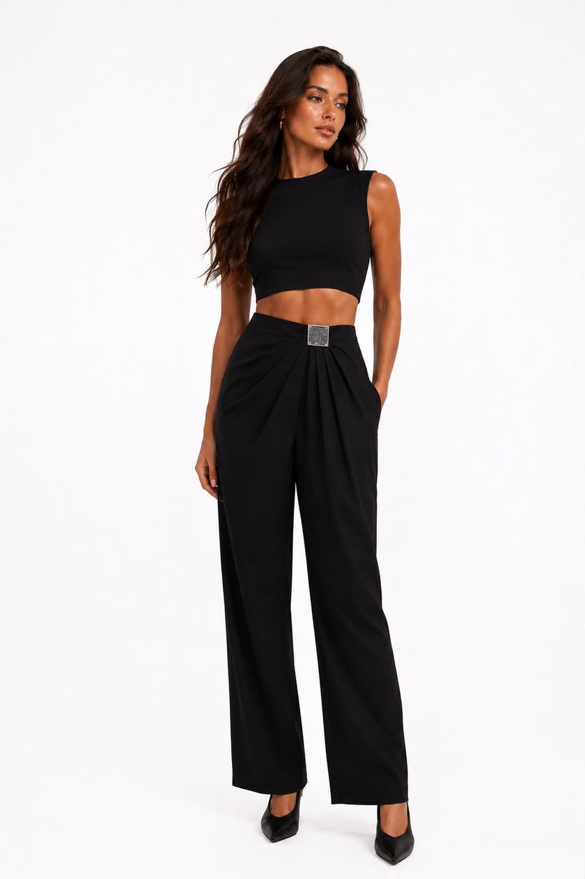 Front Pleated Linen Blend Black Trousers
