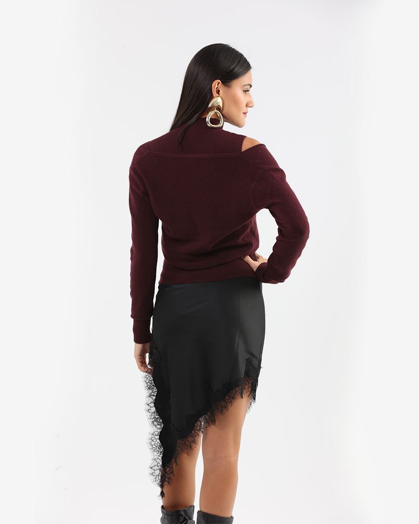 Black Asymmetric Lace Satin Skirt