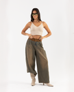 Vintage-Wash Brown Denim Pants with Brown Waistband
