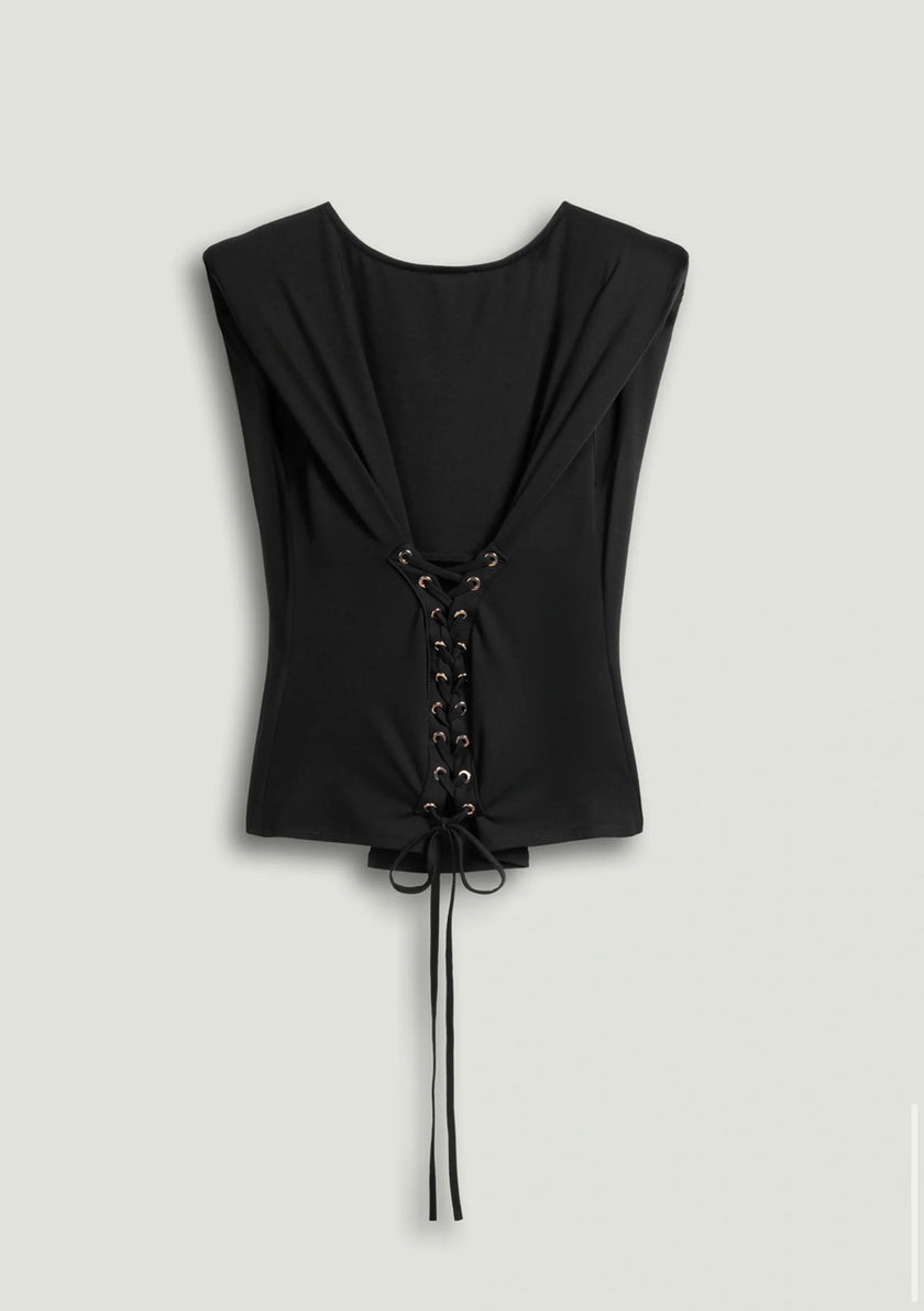 Black T-Shirt with Lace up Back Detail