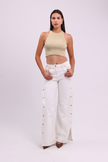 Wide-Leg Denim with Side Slit Gold Buttons