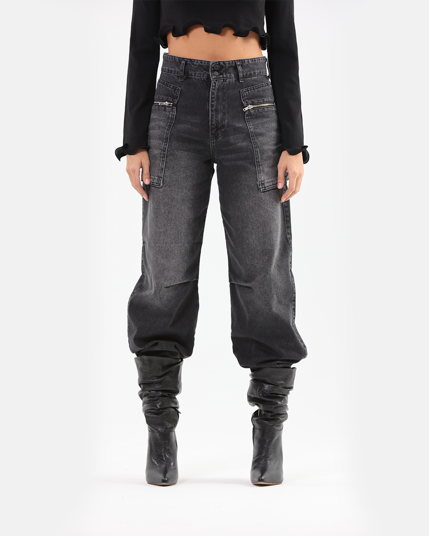 Black Washed Denim Jeans with Zipper Pocket