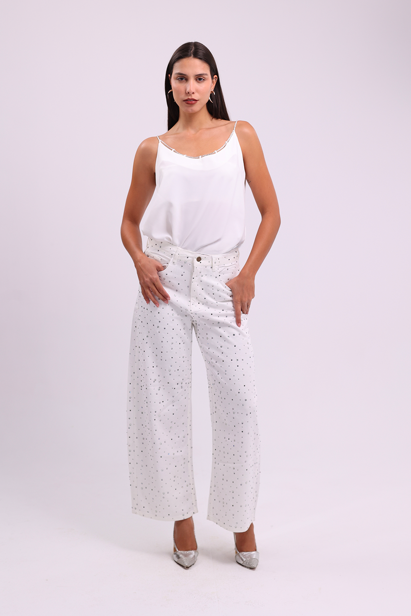 Embellished White Straight Jeans