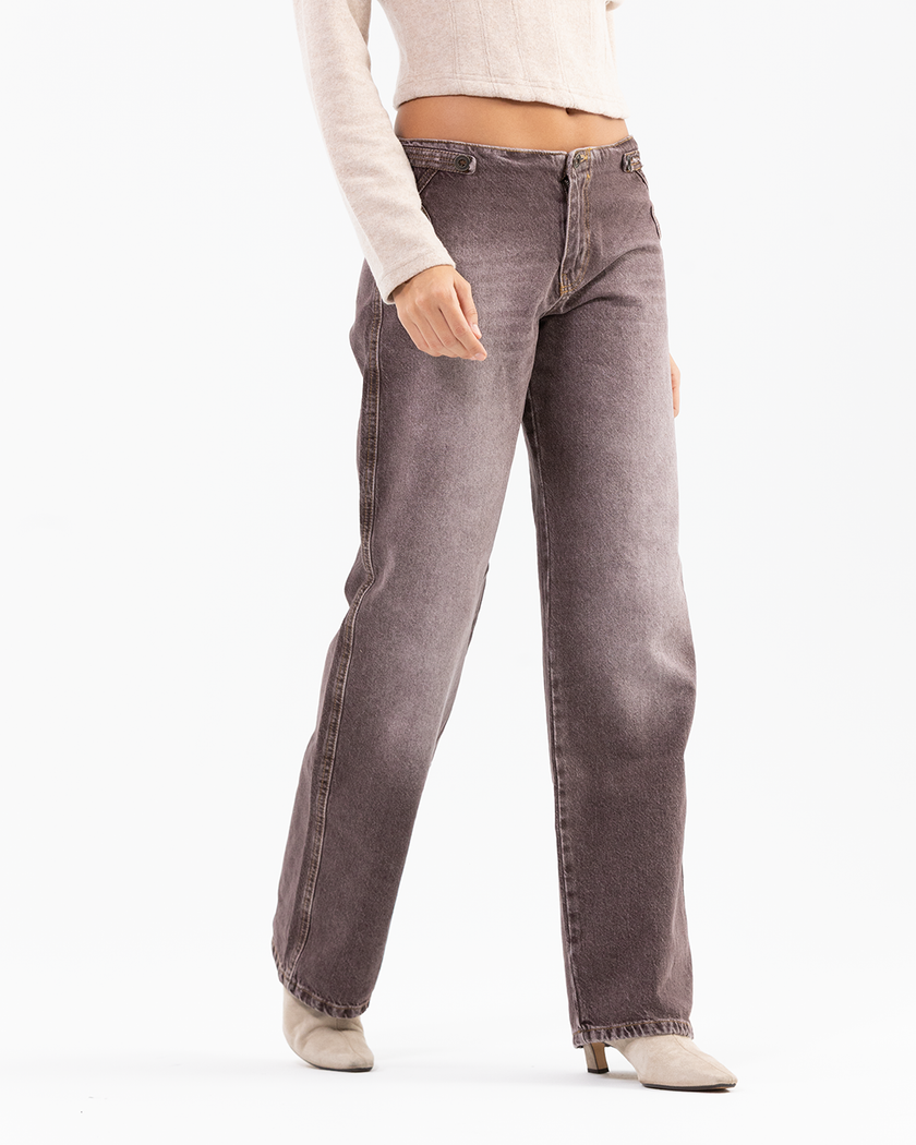 Brown Washed Low-Waist Jeans with Unique Belt-loop Detail at the Waist