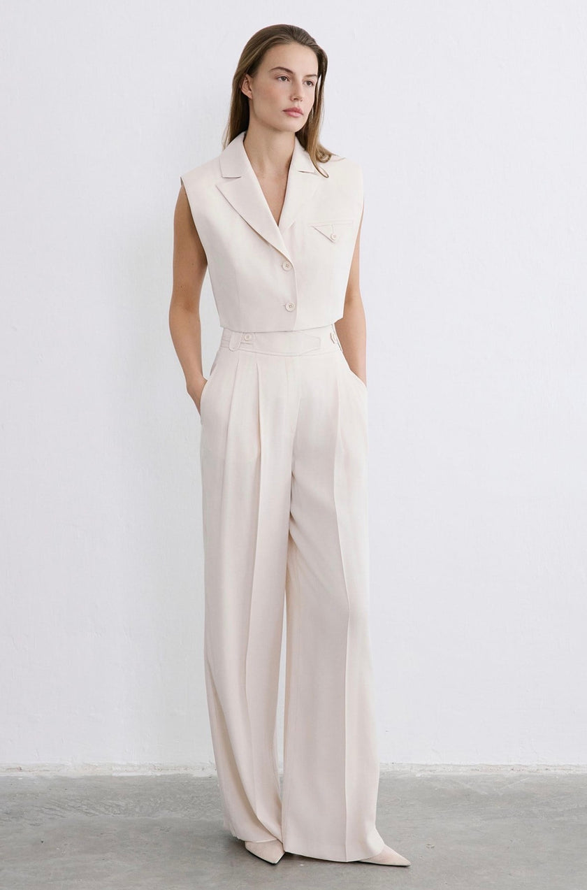 High Waist Wide Leg Pleated Ecru Trousers