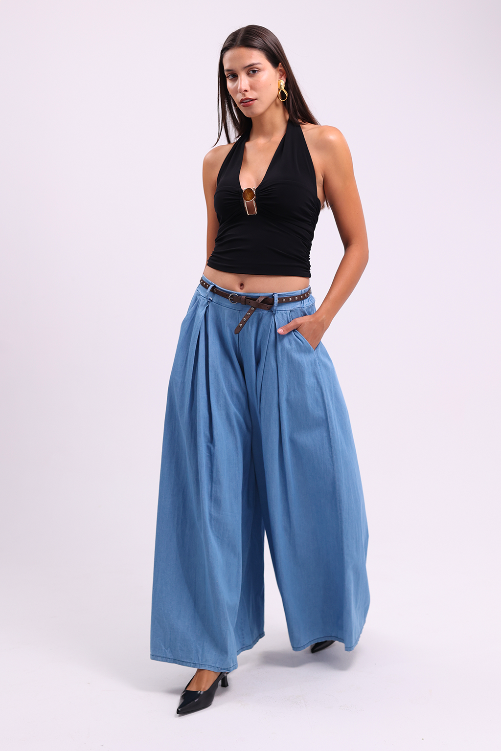 Palazzo Denim Effect Pants
