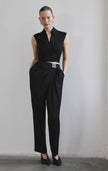 Front Pleated Linen Blend Black Trousers