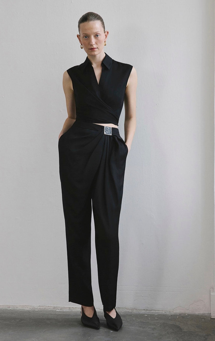 Front Pleated Linen Blend Black Trousers